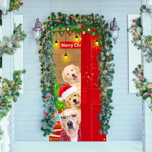 Couverture de Porte Père Noël, Bannière Joyeux Noël, Décoration pour l'Intérieur et l'Extérieur, Fond Suspendu 70.9 x 35.4in (Christmas Puppy)
