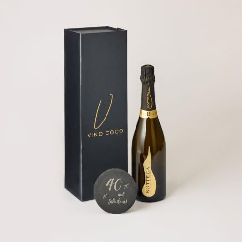 Vino Coco 40th Birthday Bottega Prosecco Gift Set with 40 & Fabulous Engraved Slate Coaster & Premium Magnetic Gift Box