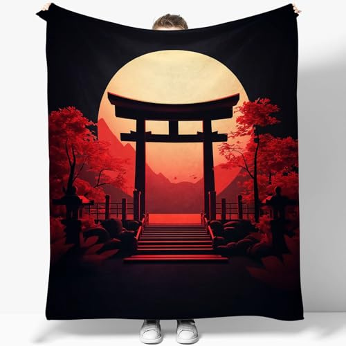 Generisch Kuscheldecke Flauschig 150 x 200 cm 3D Fleecedecke Tiefrot Japanischer Stil Mond Torii-Tor,Plüsch Decke Tagesdecke Für Kinder Erwachsene, Weiche Flanell Fleecedecke Sofadecke Outdoordecke