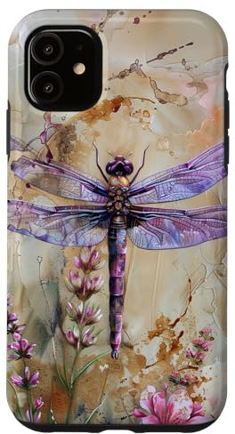 Hülle für iPhone 11 Libelle mit lila Flügeln und rosa Blumen