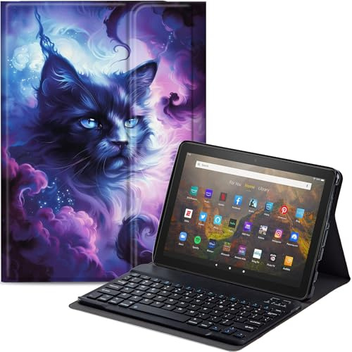 Qindaiwen Keyboard Case for All-New Amazon Fire HD 8/8 Plus (12th Generation/10th Generation, 2024/2022/2020 Release), PU Leather Stand Cover with Detachable Bluetooth Keyboard, Black Cat 2