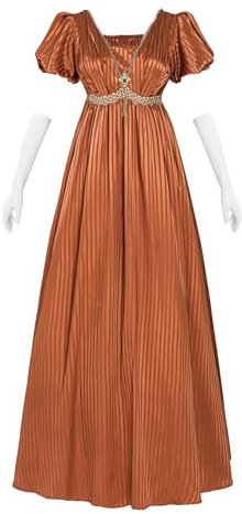 FCCAM Damen Regency Kleid, Viktorianisches Empire Kleid mit V-Ausschnitt, orange Mittelalter Damenkleid, lang und bequem, mit abnehmbarem Schmuckstein, gelbem Schal & weißen Handschuhen, M