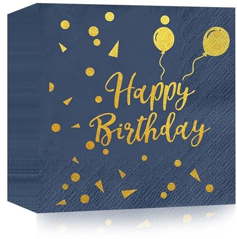 40 Stück Happy Birthday Blau Gold Geburtstag Servietten,33x33cm Papier Party Servietten für Mann Frau Mädchen Geburtstag Party Deko