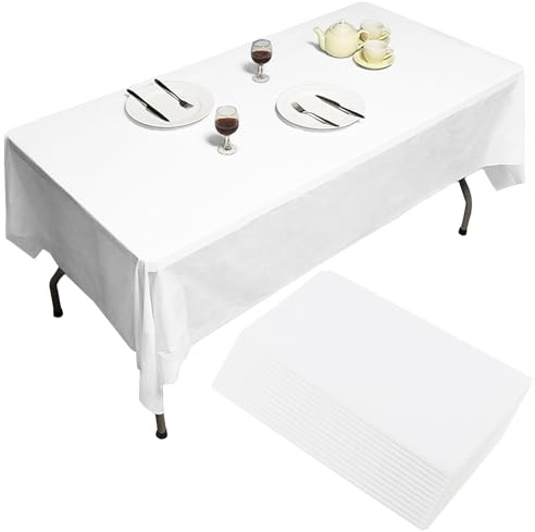 JIEHIN 12 Stück Weiße Tischdecke Einweg, 137 x 274 cm Große Einweg Tischdecken Weiß, Rechteckige Kunststoff Tischdecken Wasserdicht für Geburtstage, Hochzeiten, Partys, Picknicks