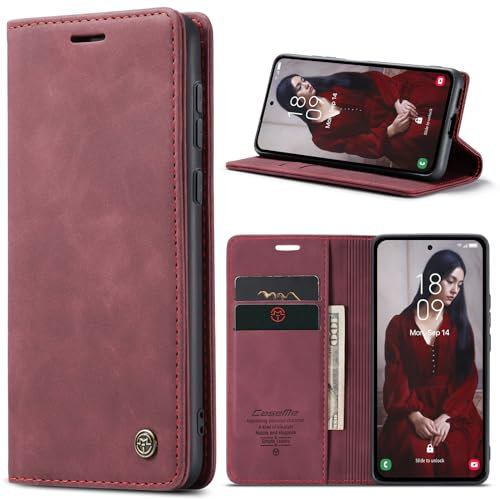 Azororo Coque pour Samsung Galaxy A55 5G Premium Housse Cuir Protection Pochette Rabat Portefeuille Flip Case Porte Magnétique Coque Étui pour Samsung Galaxy A55, Vin Rouge