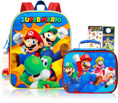 Super Mario Mochila con lonchera – Paquete con mochila de Mario, bolsa de almuerzo de Mario, calcomanías, botella de agua, más | Mochila Super Mario Bros para niños