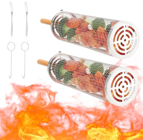 Kyrio 2 x stapelbare Grillkörbe, 304 Edelstahl, Roller, Grillkorb mit Holzgriff, für Outdoor-Grill und Camping, Gemüse, Garnelen, Huhn