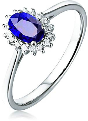 Stfery Ring 18 Karat Weißgold Damen, Klassiker Trauringe mit Saphir in Ovalschliff, Diamantring Echter Schmuck, Gr.58 (18.5)