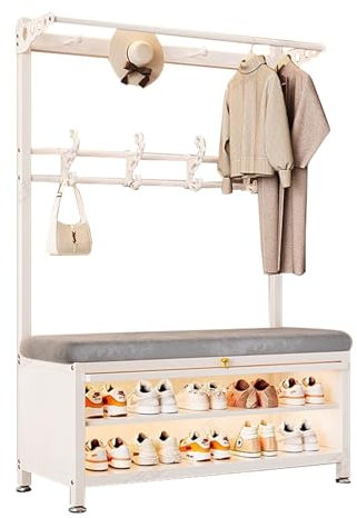 RTYHN Porte-Manteau avec Banc de Rangement à Chaussures, Portemanteau avec Banc à Chaussures et 8 Crochets, Meuble d Entrée avec Banc