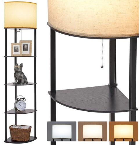 Warmiehomy LED Floor Lamp with Shelves, 4 Layers Dimmable Modern Standing Lamp with White Linen Shade and Pull Chain, 3 Color Temperature Bulbs, Black Wooden Floor Lamps for Living Room Bedroom
