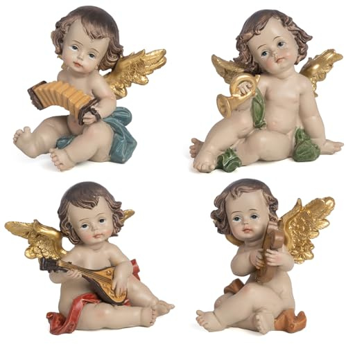 Engel Figuren 4er-Set aus Polyresin mit Musikinstrumenten - Deko-Engel mit Harfe Trompete Mandoline Akkordeon - Dekofigur Goldflügel sitzend - Weihnachtsdeko Geschenk