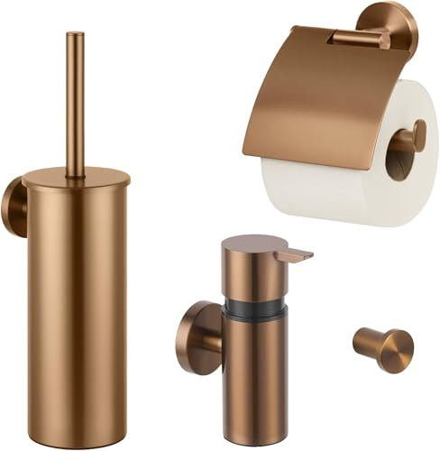 Saqu Nemo 4 teiliges Badezimmer Accessoires Set – Kupfer – Toilettenbürste, Toilettenpapierhalter, Seifenspender & Handtuchhaken