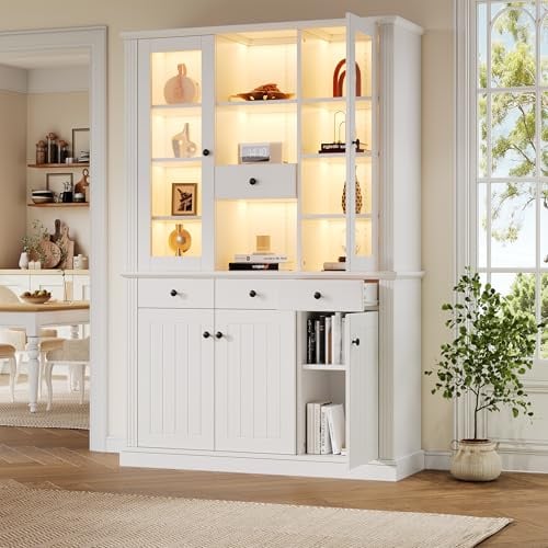 Juabett 119,5*40*180cm Vitrine, Standvitrine mit 4 Schubladen, Sammlervitrine Vitrinenschränke mit 16 Farben LED, Wohnzimmerschrank 120cm breit, Weiß Hochschank mit 5 Türen und 21 Ablagefächern, MDF