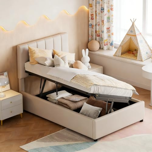 BRILVERDE Einzelbett 90x200 mit Stauraum, Polsterbett mit kopfteil, Bettgestell mit Lattenrost, Bettrahmen für Jugendliche, Leinen (Beige, 90 x 200 cm)