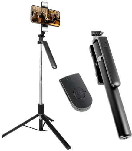 HOTUT 170cm Handy Stativ Ständer & Selfie Stick, Handyhalter mit Abnehmbarer Fernbedienung 2 Fülllicht, Erweiterbarer Stative, Handystativhalter 360° Drehbare kompatibel mit iPhone Android Smartphones