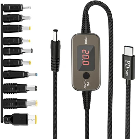 Cable Adaptador de Alimentación USB C PD a DC 100W, para Router Cámara | Cable Universal Convertidor de Carga Rápida 5V 9V 12V 15V 20V Voltaje Ajustable, Cargador con 10 DC Convertidor de Cabezas