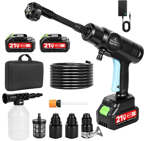 21V Idropulitrice a Batteria, 80Bar/1160PSI, 4L/min, 6 in 1 Ugello con 5M Tubo e 3 Ugelli, 2×3.0Ah Batterie, Idropulitrice Professionale per Auto Patio Giardino Pulizia Pavimenti (Con Borsa per Aereo)