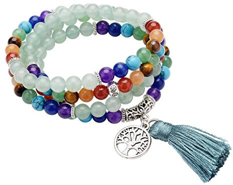 CrystalTears Mala Kette 108 Perlen Wickelarmband Chakra Steine Mala Armband mit Lebensbaum Anhänger 6mm Perlen Buddhismus Gebetskette Healing Reiki Halskette(Aventurin)