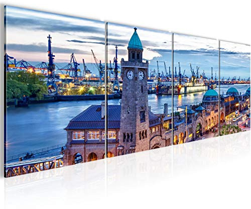 Runa Art Bilder Set 4 Teilig Hamburg Wandbilder XXL Wohnzimmer Schlafzimmer 160 x 50 cm Blau Modern 603046a