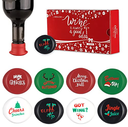 Whaline 8 Pack Christmas Wine Bottle Stoppers and Gift Box, Funny Silicone Reusable Caps Bottle Sealers with a Funny Saying for Wine Beverage and Beer Bottles