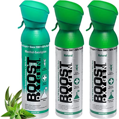 Reiner Sauerstoff in der Dose – 15 Liter NATÜRLICHER und MENTHOL EUKALYPTUS, 95% reiner Sauerstoff in drei transportablen 5 Liter Sauerstoffdosen für mehr als 300 Inhalationen.