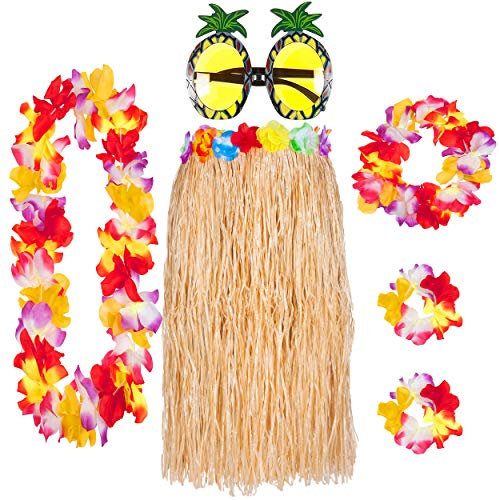 REDSTAR Set Hawaiano 6 Piezas – Falda de Paja, Guirnaldas Flores Lei y Gafas de Piña – Falda Hawaiana Fiesta de Paja o Multicolor – Disfraz Mujer Hawaiano para Fiesta Hawaiana de Playa o Tropical
