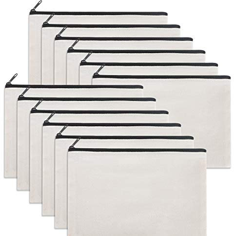 Sinzip 12 Stück schwarze Baumwoll-Leinen-Make-up-Tasche, Mehrzweck-Kosmetiktasche mit Reißverschluss, Reise-Kulturbeutel, leere DIY-Basteltasche, Weiss/opulenter Garten, M