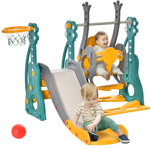 Qaba 4 in 1 Toddler Swing and Slide Set, Kids Slide for Aged 1.5-3 with Climber, Ultra-Safety, Basketball Hoop, Baby Playground Set, Fun Indoor/Outdoor Playset Exercise Toy
