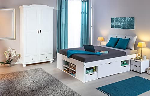 Dmora Zweitüriger Kleiderschrank mit zwei Schubladen in Kiefer massiv, Farbe weiß, 104 x 200 x 56 cm.
