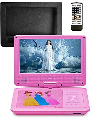 SYNAGY 11 Portable DVD Player for Kids with 9.5 inch HD Swivel Screen, Car Headrest Mount Holder, Rechargeable Battery, Car Charger, Wall Charger, SD Card Slot, USB Port (Pink)