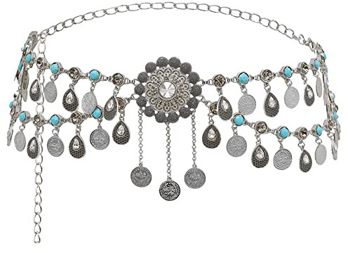 MilyaDE Damen Fransen Kettengürtel Metall Bauchtanz Münzgürtel Kristall Taillengürtel Bauchkette Hüftgurt, Silber 56-108cm