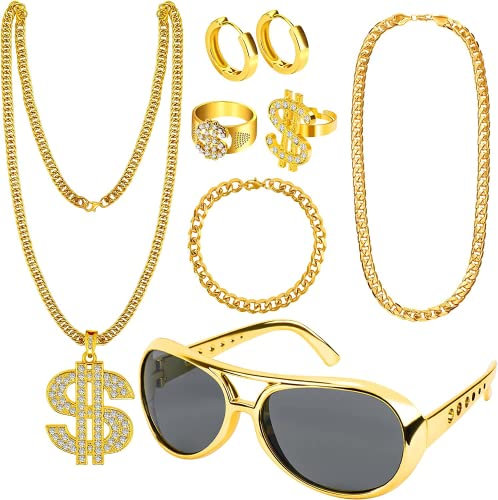 Dreamtop Kit de costume hip-hop 8 pièces des années 80 et 90 - Accessoires de déguisement de rappeur avec signe de dollar disco doré - Collier, bracelet, bagues, boucles d'oreilles, lunettes de soleil
