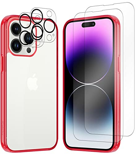 iCatchy for iPhone 14 Pro Max Case 6.7-Inch Shockproof Bumper Cover Anti-Scratch Clear Back [5 in1] With 2 Screen Protector + 2 Camera Protector + Supports wireless Charging (Red)