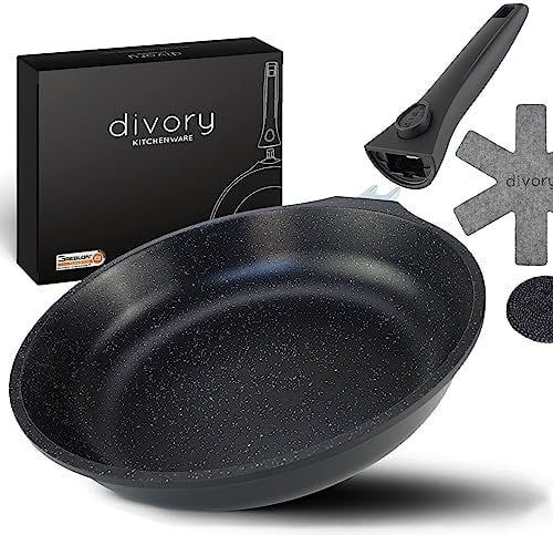 DIVORY Pfanne 24cm I Abnehmbarer Griff, Induktion, beschichtet, Aluminium – Bratpfanne mittel + Pfannenschoner - Induktionspfanne