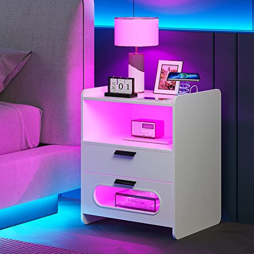 Lvifur Nachttisch RGB Led Licht,Nachttische mit 2 Schublade,Smart Nachttisch Menschliche Sensorfunktion,Nachtschrank 20 Farblicht dimmbar mit Kabelloses Laden,Hochglanz Nachtkommode mit USB Laden