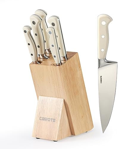 CAROTE 6 Pieces Knife Set with Wooden Block High Carbon Stainless Steel Knives Dishwasher Safe with Sharp Blade Ergonomic Handle Forged Triple Rivet-Pearl White