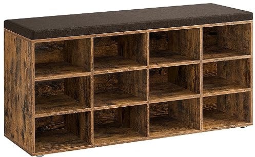 VASAGLE Schuhbank, Schuhregal mit Sitzfläche, Sitzbank mit Stauraum, Kissen, 12 Fächer, verstellbare Ablagen, für Wohnzimmer, Flur, 30,3 x 104 x 48 cm, vintagebraun-kastanienbraun LHS012B01