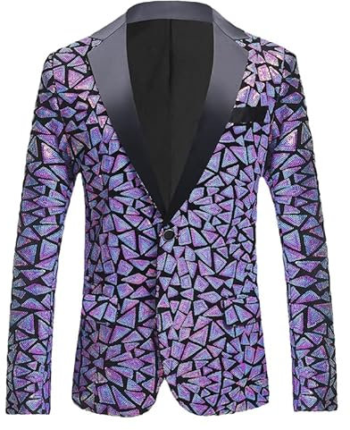 CJQJPNZ Viola Laser Paillettes Blazer Giacca Uomo Slim Fit Un Bottone Giacca Partito Stage Prom Singer Banchetto di Nozze, Modello 1 Viola, XS
