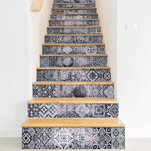 Dhouse 13 Stair Stickers Black and White Patterns Riser Murals Ceramic Tiles Wall Tiles Decorative Stickers Self-Adhesive Vinyl Decals Waterproof Diy Living Room Bedroom Kitchen Splash Board Paste