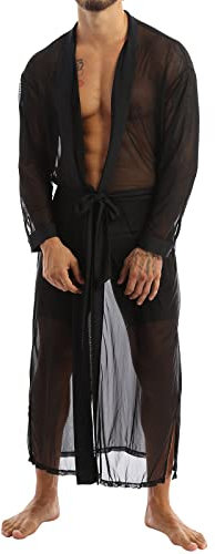 Caxndycing Herren Sissy Dessous Set Mesh Morgenmantel Lange Geschnürte Kimono Robe Und T-Back Set Transparent Nachtwäsche Reizwäsche Bademantel Langarm Ärmel Transparente Robe