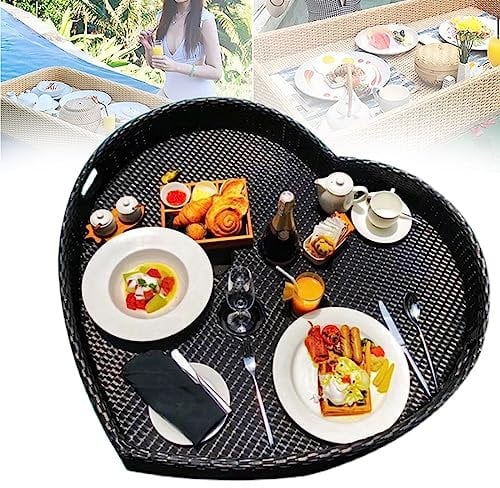 DPDZSW Schwimmendes Tablett aus Rattan, Schwimmendes Tablett Luxus schwimmende Schwimmbecken des Schwimmbades Gewebtes, mit Handloch, für Frühstück, Teeplatten, Party,Black-60 * 60 * 15cm