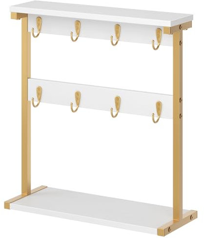 YATINEY Coffee Mug Holder Stand, Countertop Mug Tree Holder Rack, Mug Storage with Hooks and Open Shelves, Freestanding Storage Rack for Kitchen, Gold and White XMH43DW
