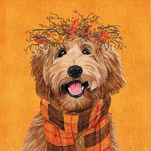 20 Servietten Herbst Hund mit Herbstkrone und Schal als Tischdeko. Papierservietten mit Motiv. Auch für Decoupage und Serviettentechnik 33x33cm