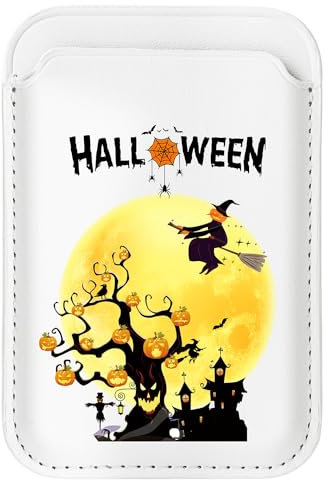 WALLFID Halloween Magsafe Wallet Leather Compatible with iPhone 15/14/13/12 Plus/Pro/Max,Card Holder with RFID (Pumpkin Tree Sweeper)