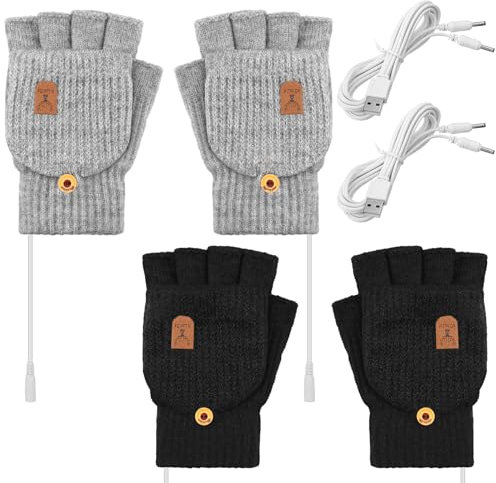USB Heated Gloves 2 Pairs Winter Warm Heating Mitten Full and Half Hand Warmers Washable Knitting Typing Gloves (Charming Style)
