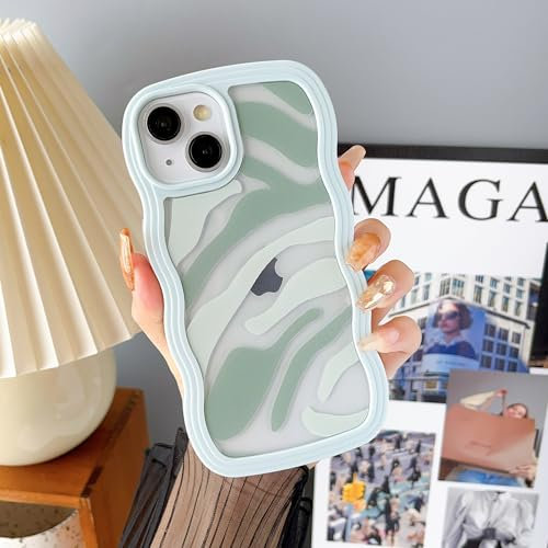 DEFBSC Hülle für iPhone 15, Transparent Streifen Wellenförmiger Rand Weich TPU Handyhülle, Niedliche Wellen Schlank Kratzfest Stoßfest Schutzhülle für iPhone 15 - Grün