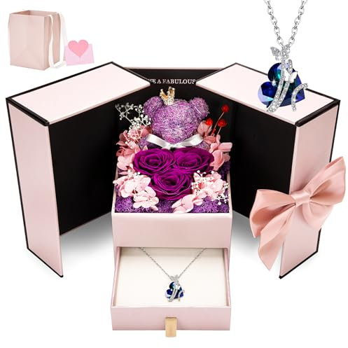 CSYY Konservierte Rosen, Valentinstag Ewige Rose Geschenke für Frauen Rose Herz Halskette Handgefertigte Konservierte Rosen Schmuck Geschenkbox für Mama Schwester Ehefrau am Geburtstag Lila