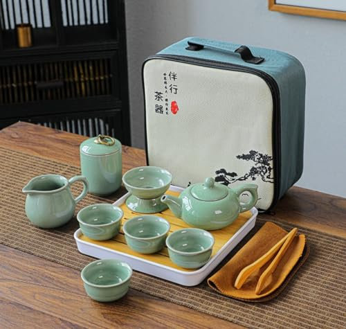 HGDESIGN Juego de tazas de té de tetera de porcelana portátil de viaje Kung Fu, bandeja de té de bambú con bolsa de viaje portátil, taza de café expreso, tazas de café, regalos (A)
