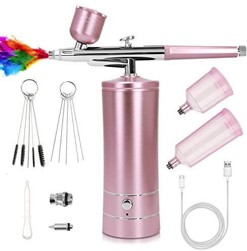 Ykall Airbrush Kit with Compressor, Rechargeable Cordless Non-Clogging High-Pressure Air Brush Set with 0.3mm Nozzle and Cleaning Brush Set for Nail Art, Makeup, Painting, Cake Decor (Pink)