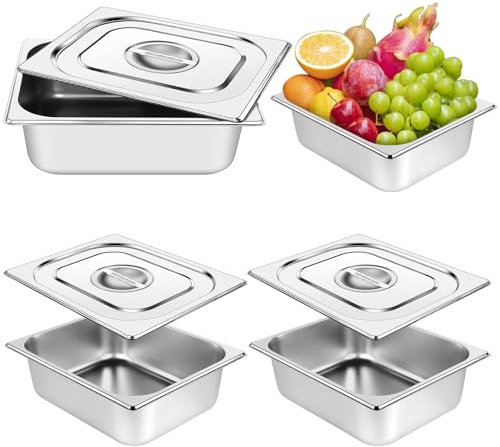HAOWANWW 3Set Stainless Steel Gastronorm Container 1/2 Food Pan 100,240,300 mm Deep with Lid,6L Stainless Steel Squar Chafing Dish Buffet Set Serving Utensils for Catering(100mm Deep with Lid)